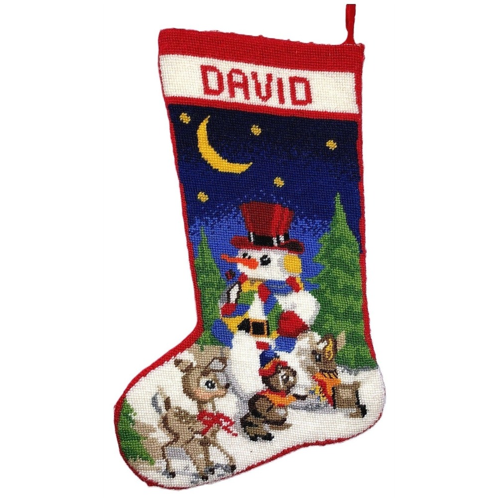 Vtg Handstitched Needlepoint Christmas Stocking Snowman Deer Animals DAVID 1970